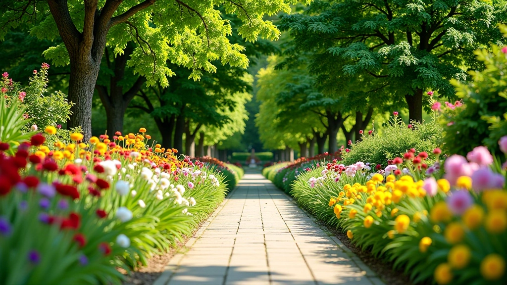Botanická zahrada s barevnými květinami v letním období, staré stromy v pozadí, slunečný den