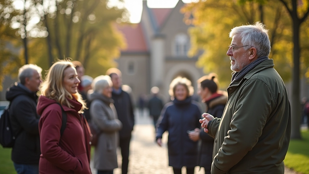 Skupina seniorů diskutuje s průvodcem na historické lokalitě