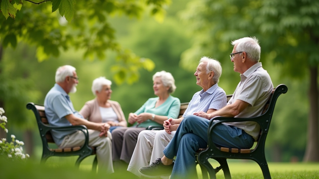 Skupina seniorů relaxuje na lavičce v parku a užívá si přírody